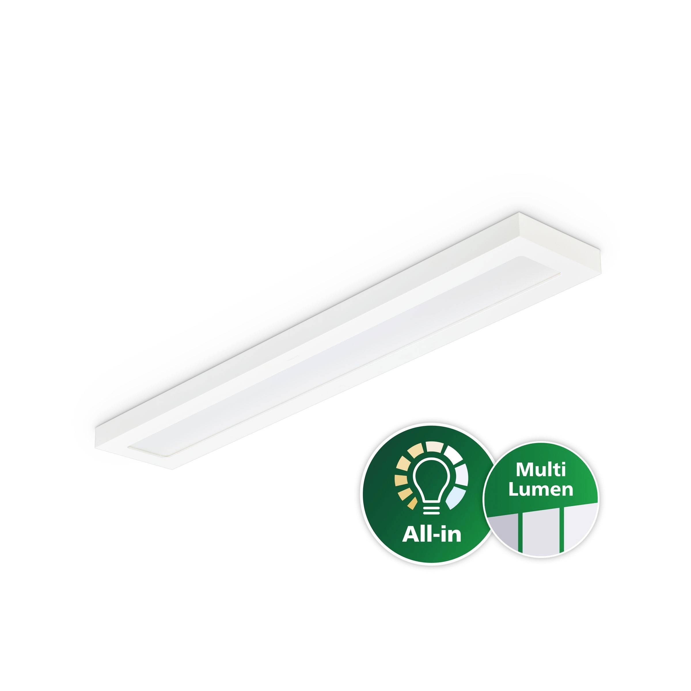 Luminaire de plafond LED rectangulaire blanc avec deux badges verts lisant « All-in » et « Multi Lumen ».