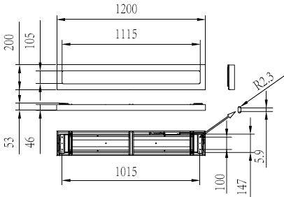 Dessin technique d'un composant rectangulaire avec vues de face et de côté, montrant les dimensions 1200, 1115, 1015, 200, 105, 147, 100, 53, 46, 5.9 et un rayon R2.3.
