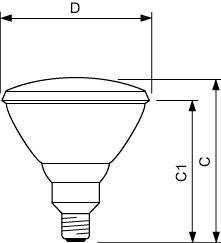 Dessin technique d'une ampoule de lampe réflecteur montrant la largeur totale D, la hauteur C et la hauteur du corps C1 avec des flèches de mesure.