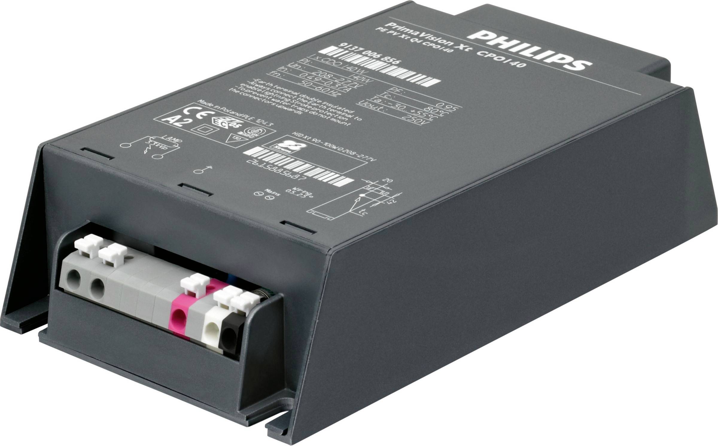 Module ballast électronique Philips noir avec bornes de câblage et spécifications imprimées sur le dessus.