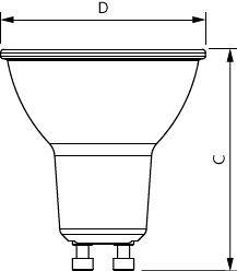 Dessin au trait d'une ampoule projecteur, montré en vue de face avec des flèches de dimension étiquetées D en haut et C sur le côté.