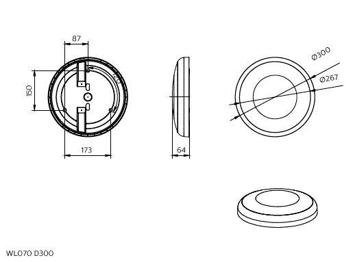 Dessin technique d'un luminaire encastré circulaire montré en vues de face, de côté, de dessus et en perspective, étiqueté WL070 D300 avec les dimensions incluant 300, 267, 173, 150, 87 et 64.