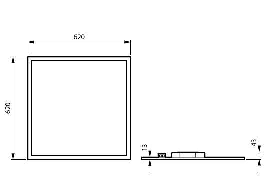Dessin technique d'un panneau carré, 620 par 620, avec profil latéral montrant une épaisseur de 13 mm et une section surélevée de 43 mm.