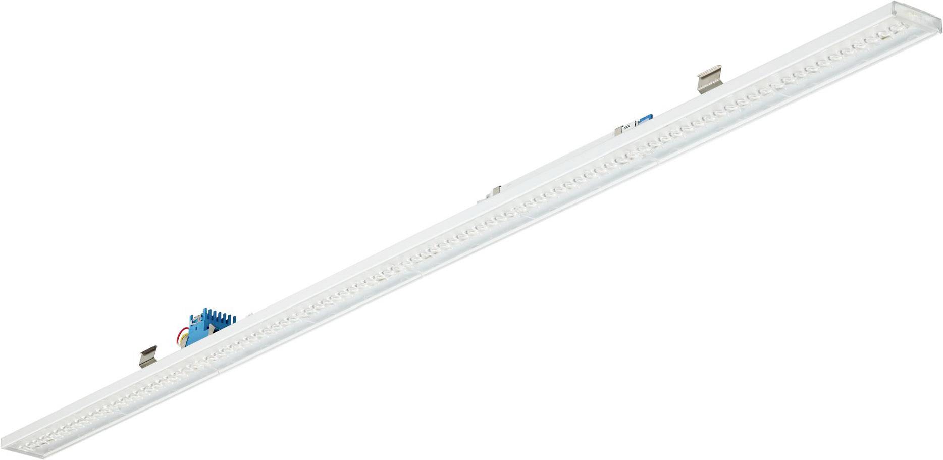Appareil d'éclairage à bande LED longue avec clips de montage et composants de câblage sur fond blanc.