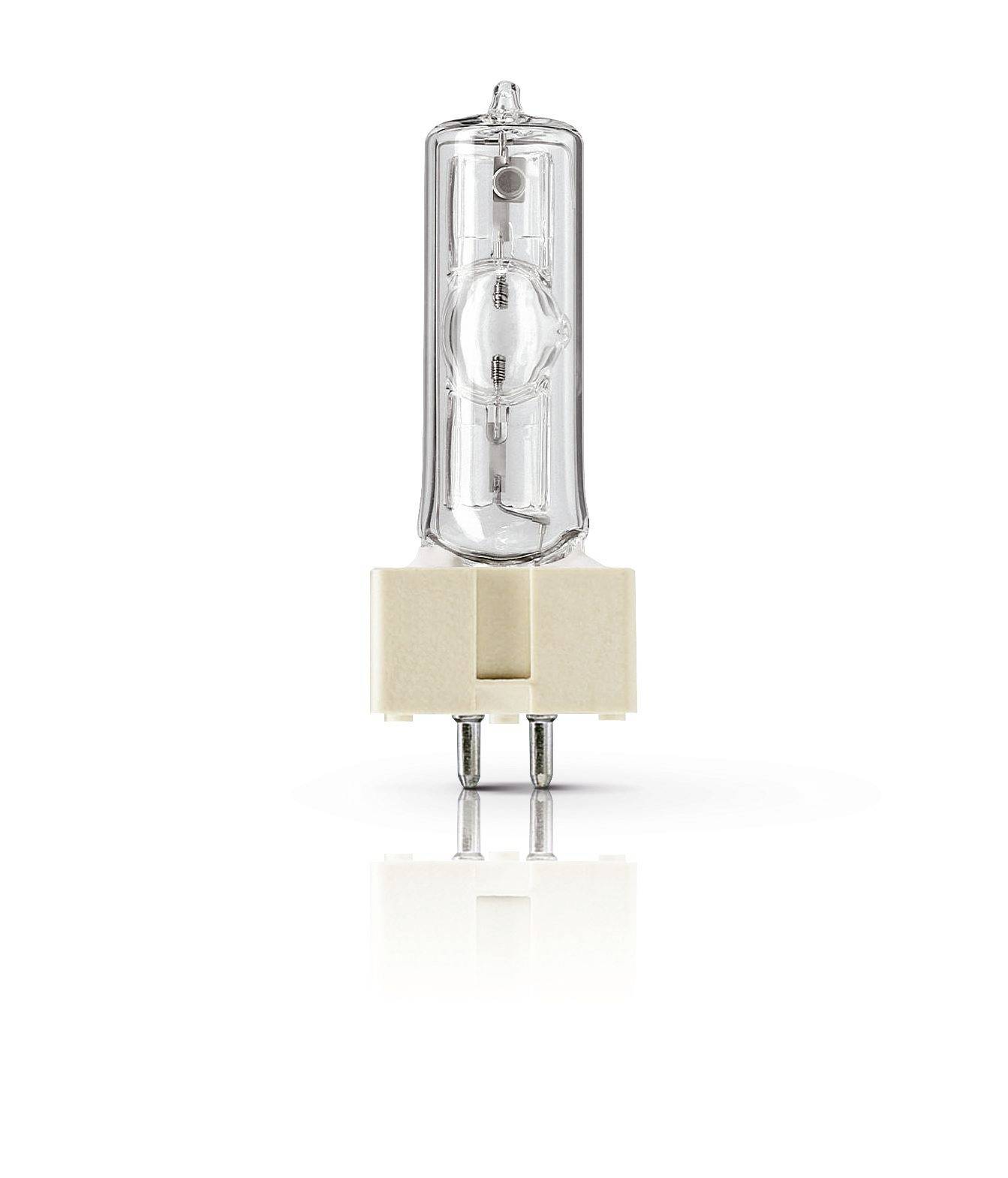Une ampoule halogène transparente avec deux broches métalliques sur un fond blanc.