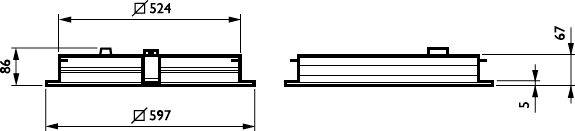 Dessin technique de dimension d'une pièce rectangulaire de faible profil, montré en vues de face et de côté, avec les principales mesures étiquetées Ø524, Ø597, 86, 67, et 5.