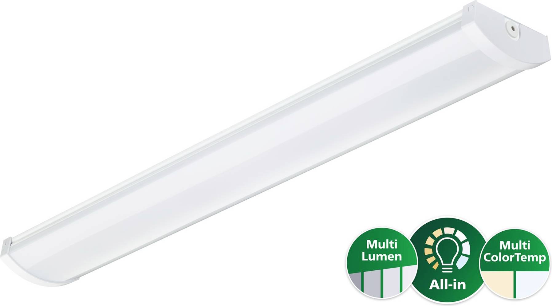 Luminaire LED avec trois badges verts caractéristiques indiquant « Multi Lumen », « Tout-en-Un » et « Multi ColorTemp »