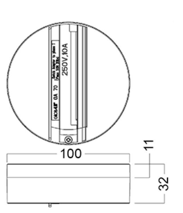 Dessin technique de dimension d'un dispositif rectangulaire, montrant une vue latérale dans un cercle et des dimensions 100 x 32 mm, avec l'étiquette « 250V, 10A ».