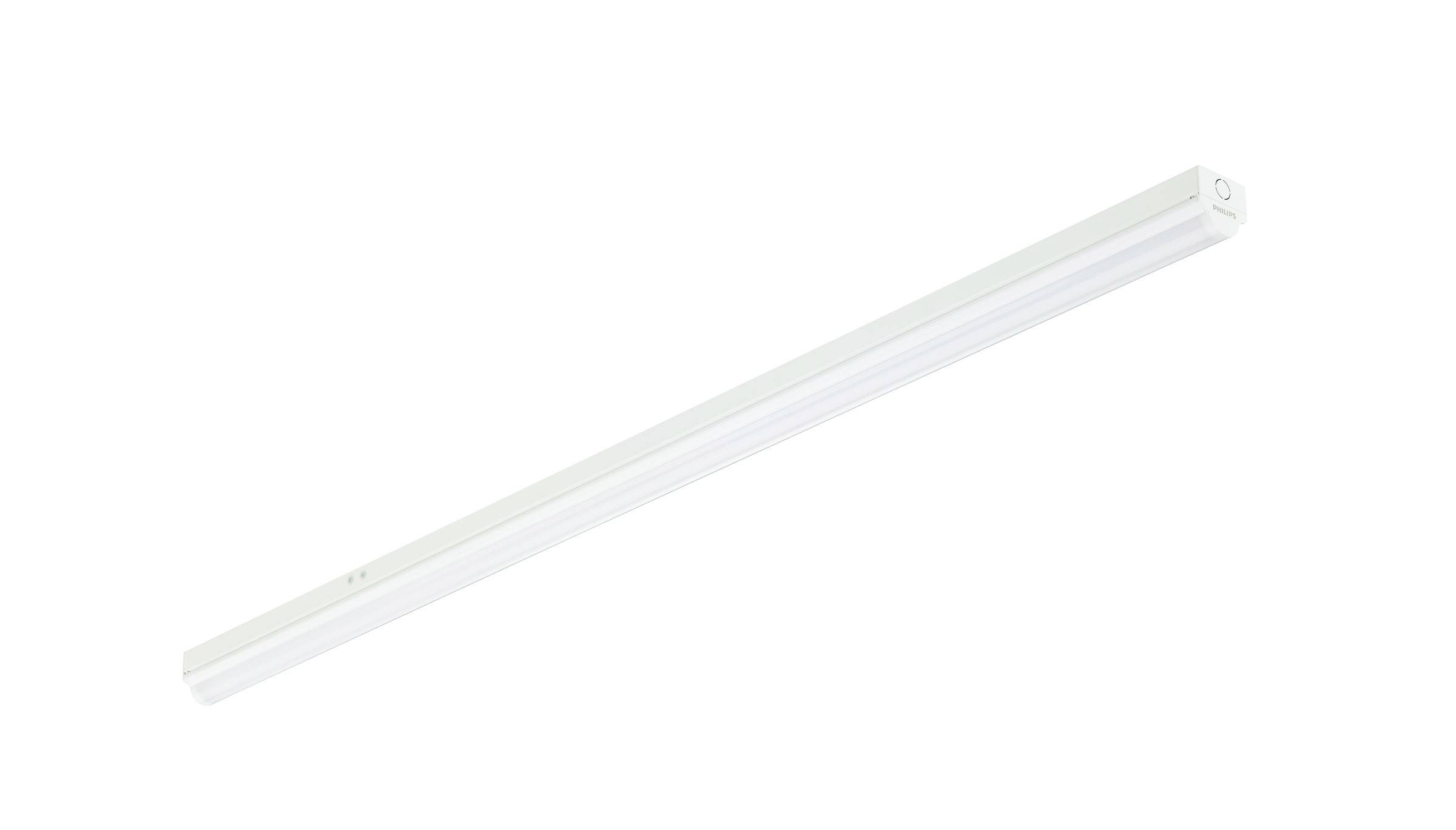 Appareil d'éclairage fluorescent blanc long présenté en diagonale sur un fond blanc uni.