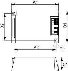 Dessin technique d'un composant rectangulaire avec des dimensions étiquetées A1, A2, B1, B2, C1 et D1, montrant les vues de côté et de face.