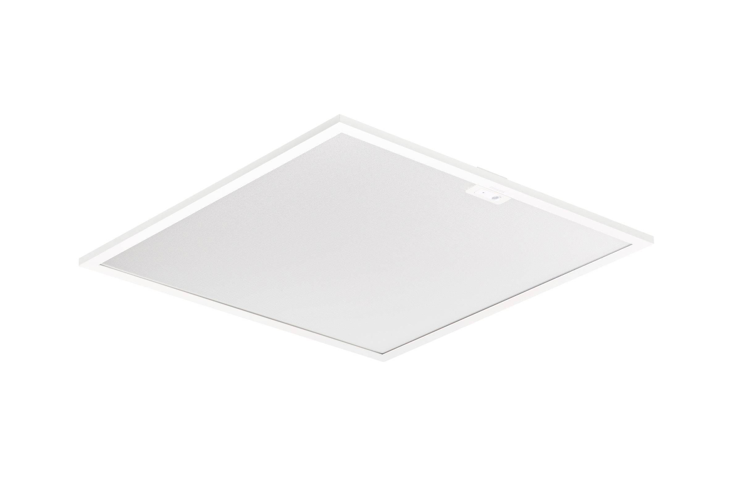 Panneau lumineux de plafond carré blanc avec un fin cadre et un loquet central subtil, présenté sur un fond blanc uni.