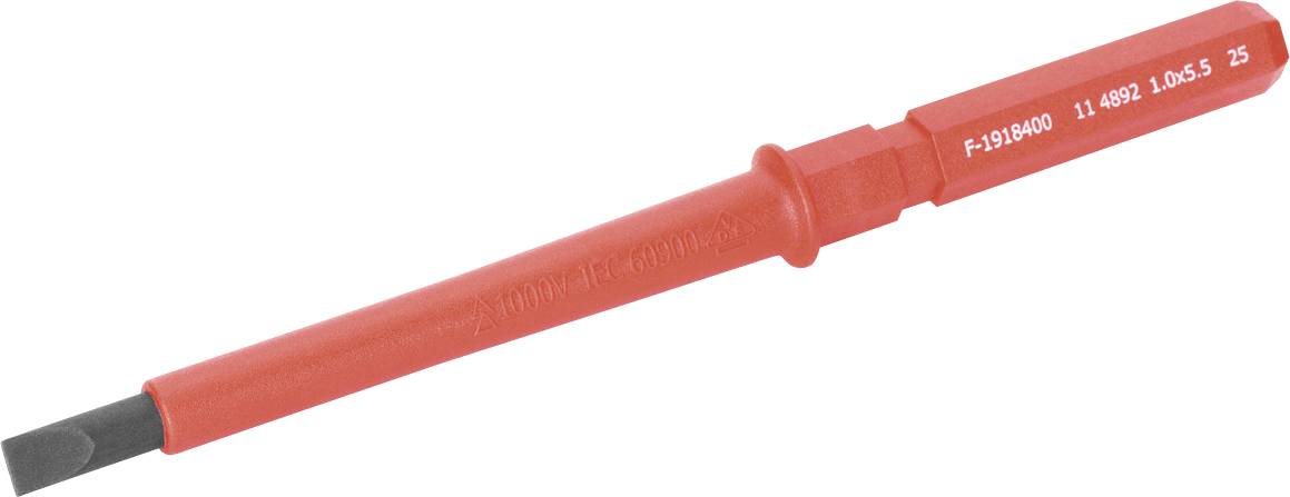 Tournevis plat isolé rouge à tête plate avec une pointe noire, présenté sur un fond blanc.