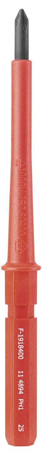 Un embout de tournevis Phillips PH2 rouge avec une tige hexagonale, présenté verticalement sur un fond blanc.