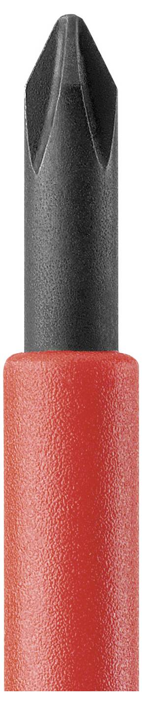 Gros plan d'une mèche de tournevis Phillips noire avec un manche ou un support rouge en dessous sur un fond blanc.
