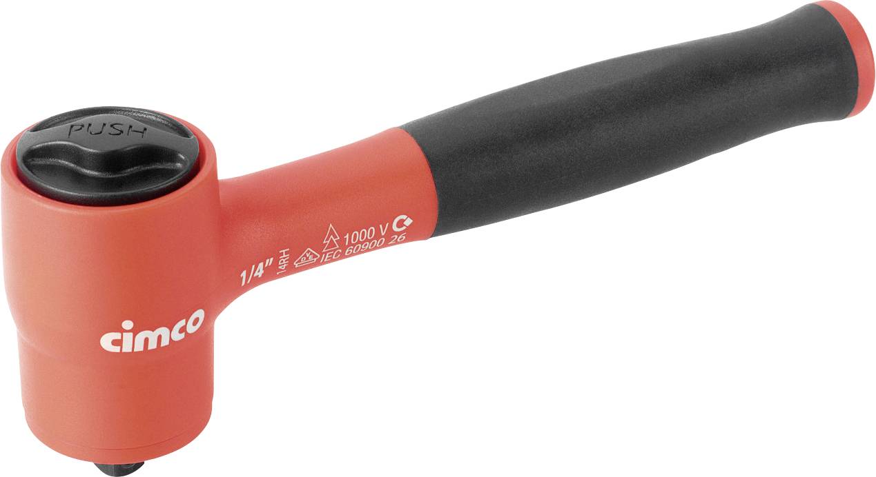 Outil à main isolé rouge avec manche noir et tête à bouton-poussoir, marqué « cimco ».
