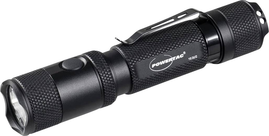 Lampe de poche PowerTac noire avec poignée texturée et pince, présentée sur un fond blanc.