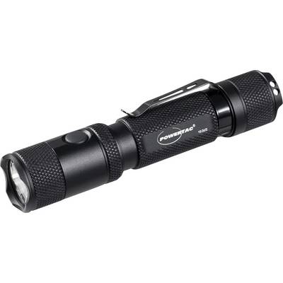 Lampe de poche PowerTac noire avec poignée texturée et pince, présentée sur un fond blanc.