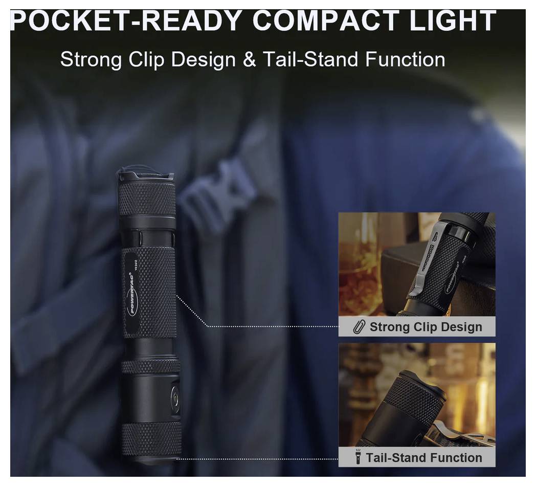 Image promotionnelle d'une lampe compacte de poche prête à être transportée, fixée à une veste, mettant en avant la conception robuste de la pince et la fonction de support arrière avec des vues en gros plan insérées.
