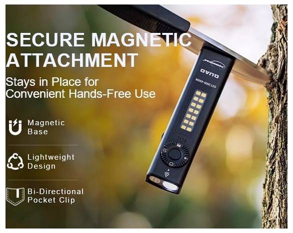 Image de promotion d'une lampe de poche avec « fixation magnétique sécurisée » pour utilisation sans les mains, montrant une base magnétique, un design léger et un clip de poche bidirectionnel.