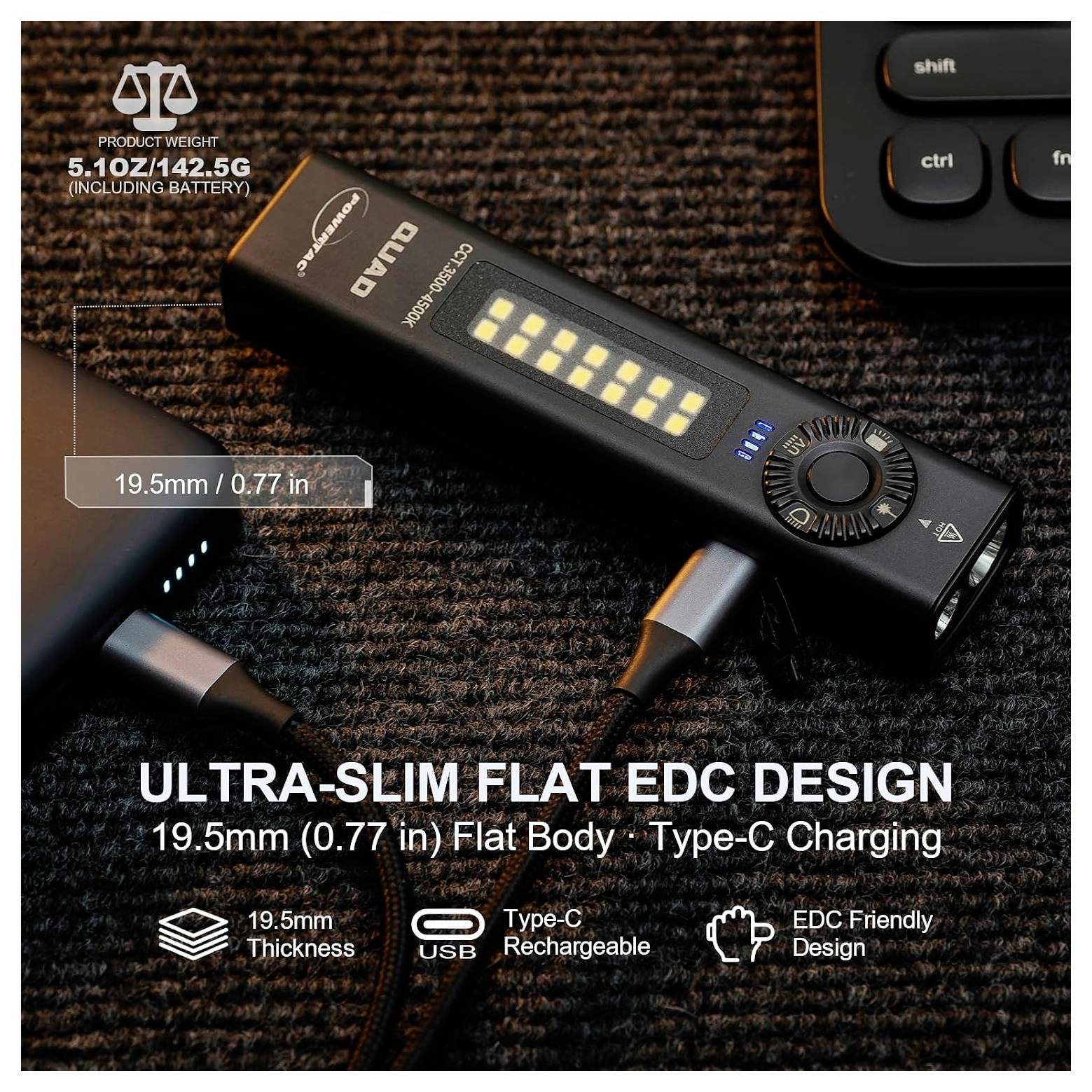 Image promotionnelle d'une lampe de poche Olight EDC noire et fine avec recharge USB-C et une épaisseur de 19,5 mm, présentée à côté d'un clavier avec les spécifications en surimpression.