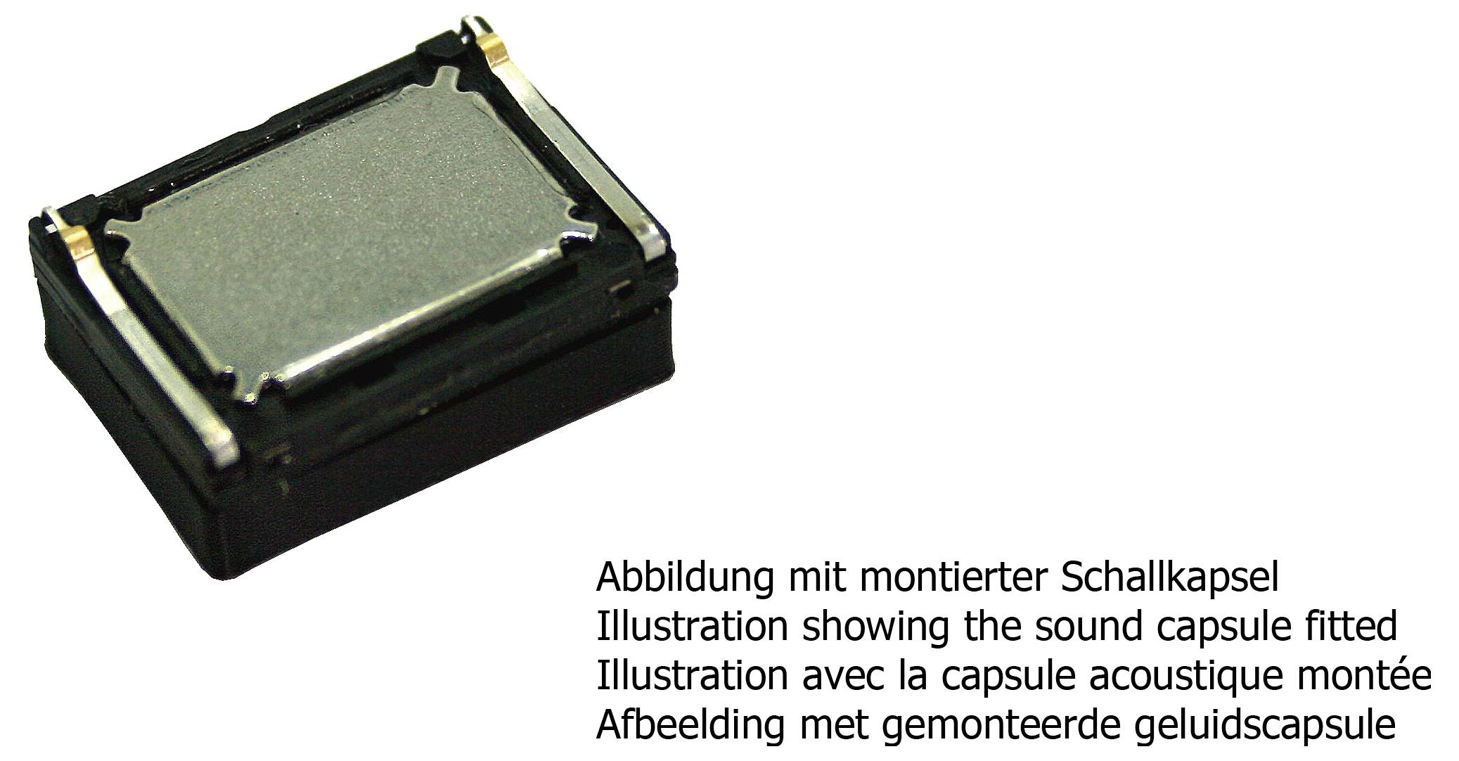 Composant électronique avec capsule sonore intégrée, présenté dans une illustration de produit.