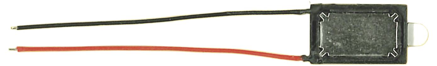 Un petit module électronique rectangulaire noir avec deux longues broches, une noire et une rouge, s'étendant du côté gauche.