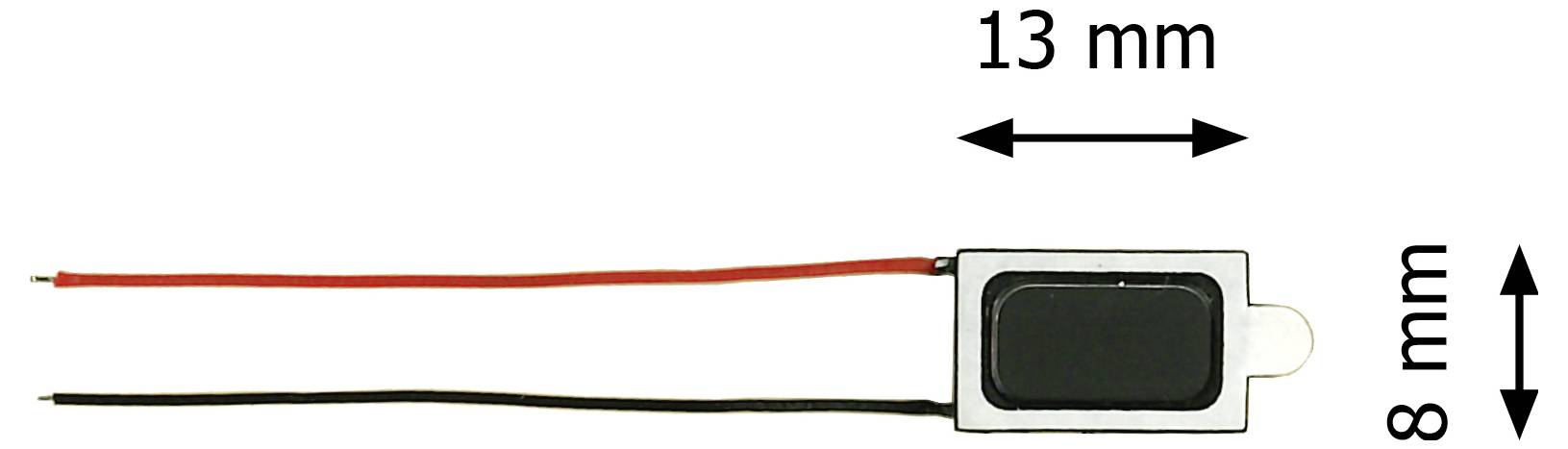 Petit haut-parleur rectangulaire avec des fils rouge et noir ; étiqueté 13 mm de large et 8 mm de haut.