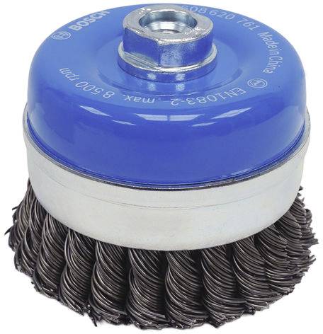Brosse cylindrique avec embout métallique bleu et poils en acier torsadé pour outil électrique.