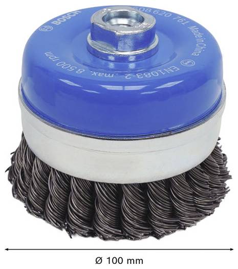 Brosse à tasse en fil bleu et argent avec soies en acier torsadé, diamètre 100 mm.