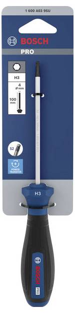 Tournevis Bosch PRO H3 présenté sur un emballage de vente au détail bleu et blanc, avec un diagramme de produit et un manche visibles.