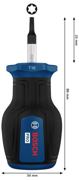Tournevis Bosch PRO T10 avec pointe étoilée, présenté avec les dimensions de 86 mm de long, 34 mm de large et 25 mm de longueur de manche.