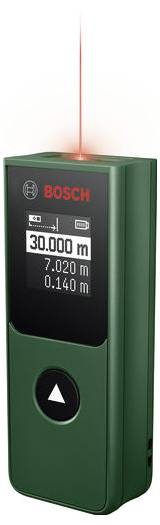 Télémètre laser Bosch émettant un faisceau laser rouge, affichant un écran numérique avec 30.000 m, 7.020 m et 0.140 m.