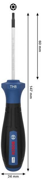 Tournevis Bosch TH8 présenté avec des marquages de dimensions : 147 mm de longueur totale, 60 mm de longueur de la tige et 24 mm de largeur du manche.