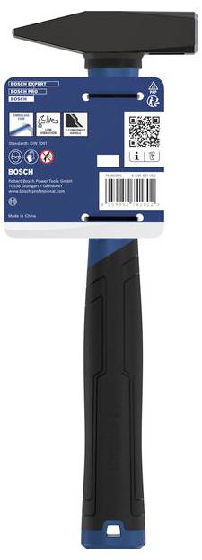 Outil manuel Bosch avec tête noire et manche bleu, montré en vue de face sur l'emballage du produit, avec étiquettes de code-barres et de code QR.