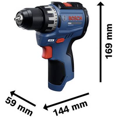 Perceuse-visseuse sans fil Bosch présentée avec les dimensions indiquées : 169 mm de hauteur, 144 mm de longueur et 59 mm de largeur.