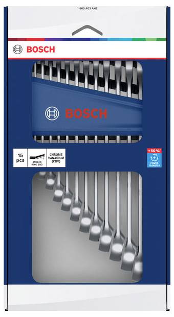 Ensemble de 15 clés en chrome-vanadium Bosch, emballage montrant des clés à fourche et des clés mixtes avec poignée de transport.