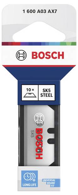 Emballage de lame de scie alternative Bosch étiqueté « 1 600 A03 AX7 », « 10 x », « acier SK5 », « Longue durée de vie » et « Compatibilité universelle ».