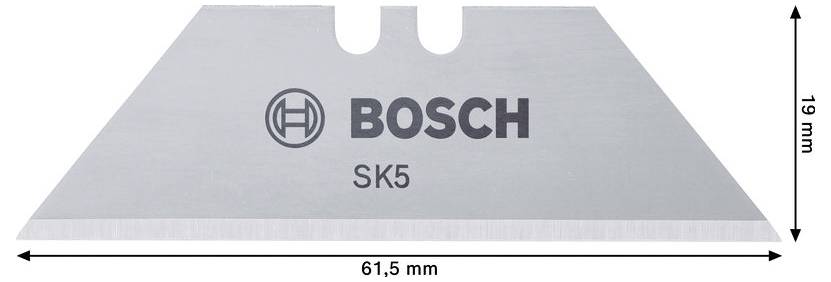 Lame de couteau utilitaire Bosch SK5, vue de face avec largeur de 61,5 mm et hauteur de 19 mm indiquées.