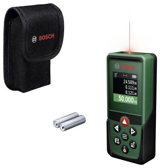 Télémètre laser Bosch avec étui de transport et piles, affichant un laser rouge et un écran indiquant 50,000 m.