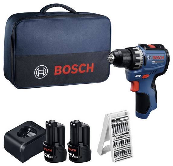 Kit de perceuse sans fil Bosch avec étui de transport, chargeur, deux batteries et assortiment de forets affichés sur un fond blanc.