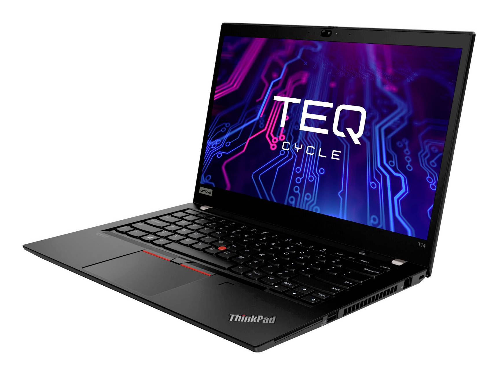 Ordinateur portable Lenovo ThinkPad noir ouvert en angle, affichant un écran avec « TEQ CYCLE » sur un graphique de circuit imprimé néon.