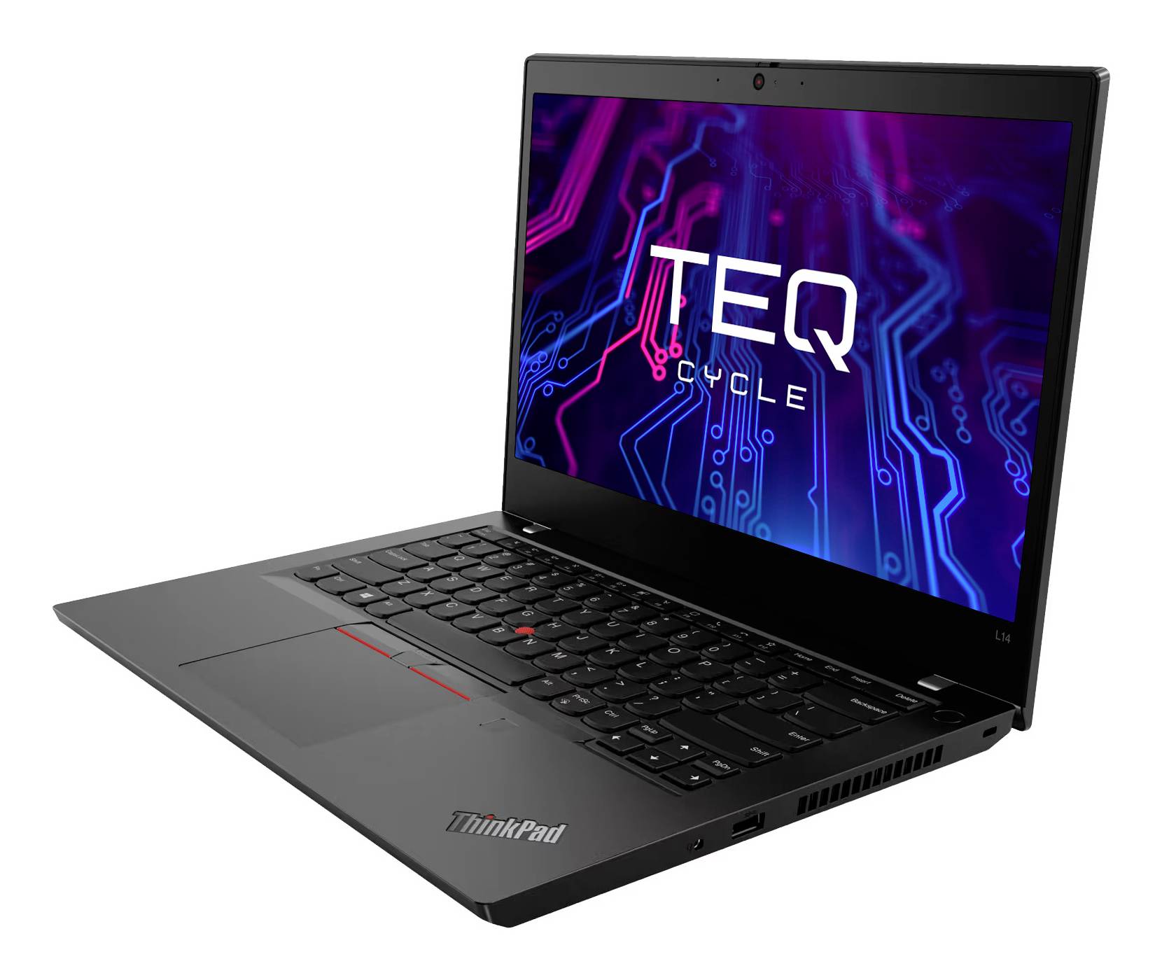 Ordinateur portable Lenovo ThinkPad noir ouvert selon un angle, affichant un écran avec « TEQ CYCLE » sur un graphique de circuit bleu et violet.