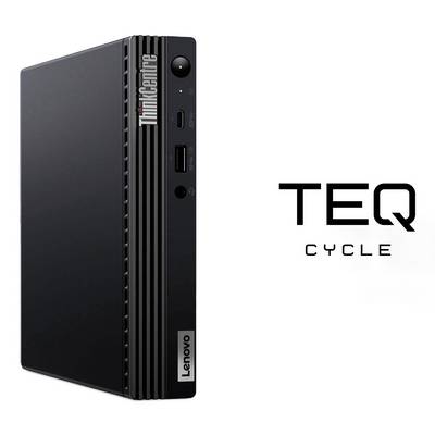 Ordinateur de bureau mini PC Lenovo ThinkCentre TEQ Cycle montré sur un fond blanc avec les ports avant et l'image de marque.