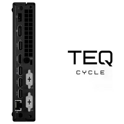 Logo TEQ Cycle à côté d'un panneau arrière de dispositif électronique noir vertical avec plusieurs ports et connecteurs sur un fond blanc.