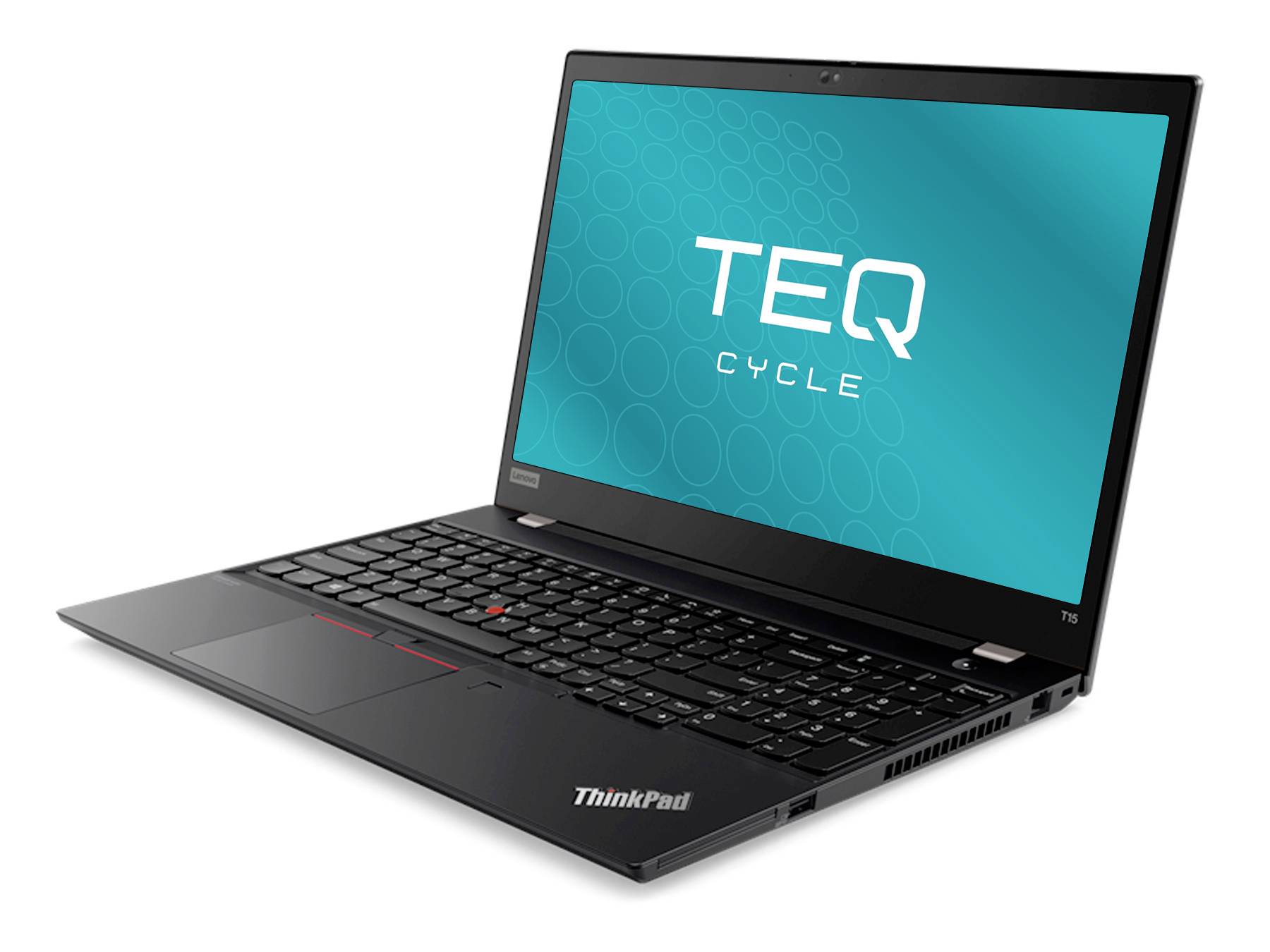Ordinateur portable Lenovo ThinkPad noir affiché ouvert, affichant un écran bleu-vert avec le texte « TEQ CYCLE ».