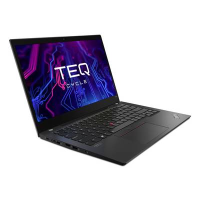 Ordinateur portable Lenovo ThinkPad noir ouvert à un angle, affichant un écran de style circuit coloré « TEQ » sur un fond blanc.