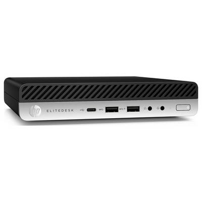 Ordinateur de bureau HP EliteDesk mini montré de face, avec bouton d'alimentation, ports USB-C, USB-A et ports audio sur un panneau avant argenté.
