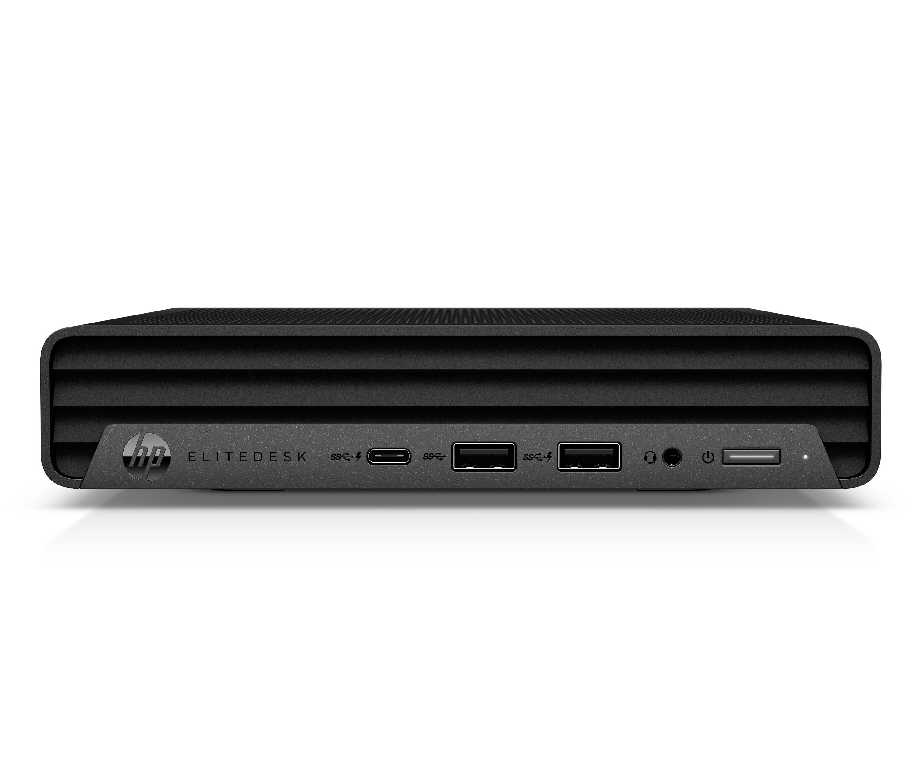 Vue de face d'un ordinateur de bureau HP EliteDesk avec ports avant visibles et bouton d'alimentation sur fond blanc.