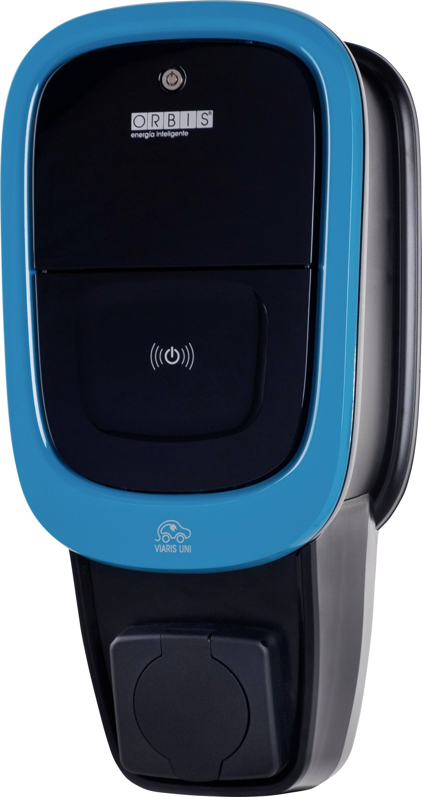Unité de recharge pour véhicules électriques ORBIS murale noire et bleue avec zone de contact sans contact centrale et port de câble inférieur.