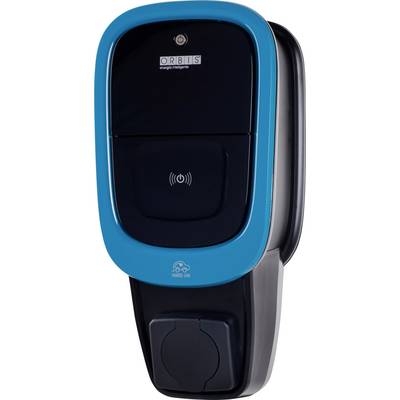 Unité de recharge pour véhicules électriques ORBIS murale noire et bleue avec zone de contact sans contact centrale et port de câble inférieur.